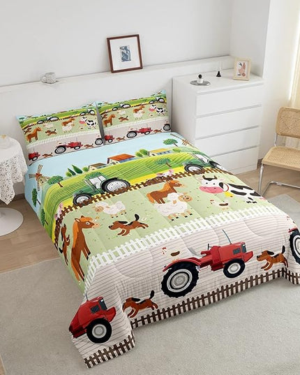 Tractor Bedding Sets for Boys Full Size Toddler Kids Cute Cartoon Farm Animals Comforter Set Girls Children Farmhouse Country Down Comforter for All Season Colorful Room Decor Nature Theme Duvet Set - LeafyLoom