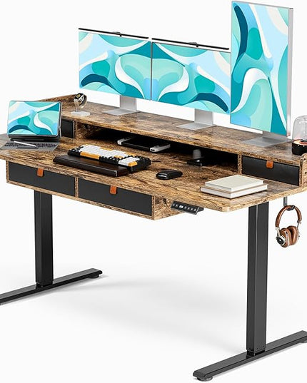 Standing Desk with Drawers 63x30 Inches large Standing Desk,Adjustable Height Desk with 4 PU Drawers,Storage Shelvers Sit Stand Up Desk,Home Office Computer Desk(Rustic Brown) - LeafyLoom