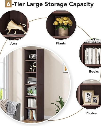 70.9 Inch Tall Narrow Bookcase, Corner Bookshelf 6 Tier Cube Display Shelf Storage Organizer for Small Space, Brown - LeafyLoom