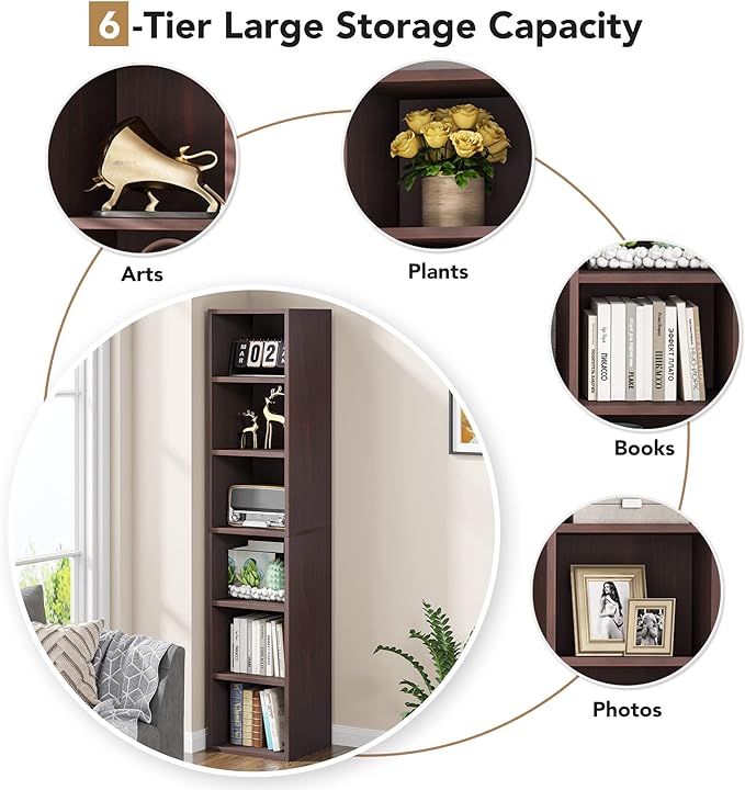 70.9 Inch Tall Narrow Bookcase, Corner Bookshelf 6 Tier Cube Display Shelf Storage Organizer for Small Space, Brown - LeafyLoom