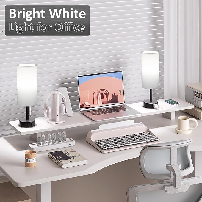 White Bedside Table Lamps Set of 2-3 Color Temperatures Pull Chain Lamp with AC Outlet Charging Port, Two Round Night Stand Lamps for Bedroom Office, Small Bed Side Light with E26 LED Bulbs - LeafyLoom