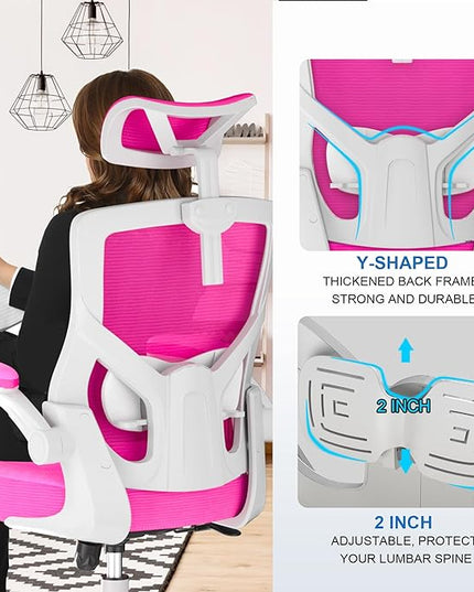 𝑯𝑶𝑴𝑬 𝑶𝑭𝑭𝑰𝑪𝑬 𝑪𝑯𝑨𝑰𝑹, Ergonomic Mesh Desk Chair, High Back Computer Chair- Adjustable Headrest with Flip-Up Arms, Lumbar Support, Swivel Executive Task Chair (Modern, Neon Pink) - LeafyLoom