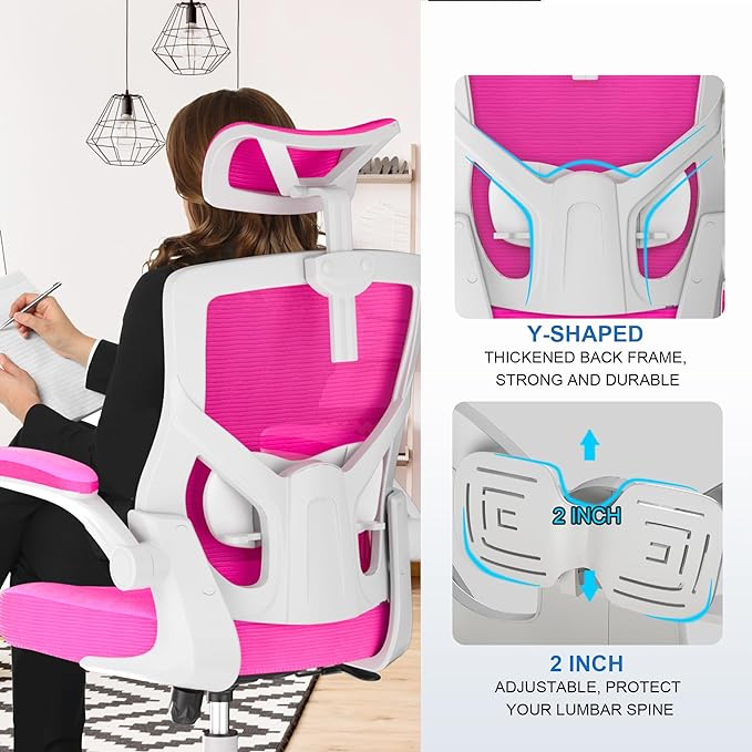 𝑯𝑶𝑴𝑬 𝑶𝑭𝑭𝑰𝑪𝑬 𝑪𝑯𝑨𝑰𝑹, Ergonomic Mesh Desk Chair, High Back Computer Chair- Adjustable Headrest with Flip-Up Arms, Lumbar Support, Swivel Executive Task Chair (Modern, Neon Pink) - LeafyLoom