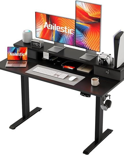 48 x 24 Inches Electric Standing Desk with 2 Storage Drawers, Stand Up Desk Adjustable Height, Sit and Stand Computer Table with Splice Board, Black - LeafyLoom