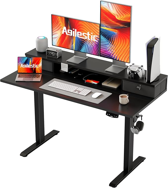 48 x 24 Inches Electric Standing Desk with 2 Storage Drawers, Stand Up Desk Adjustable Height, Sit and Stand Computer Table with Splice Board, Black - LeafyLoom
