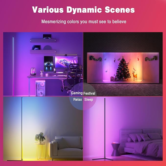 Buyya Smart LED Floor Lamp: 65 Inch RGB Corner Lamp 16 Million Colour Changing Corner Light Music Sync DIY Mode with APP/Remote Control Standing Lamps for Living Room Bedroom Decoration - LeafyLoom