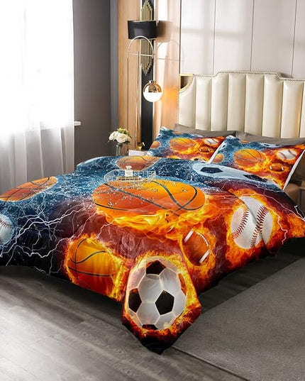 Erosebridal Sports Bedding Set for Boys Full,Baseball Basketball Comforter Set Soccer Football Bedding Comforter Sets for Kids Teens Men,Red Blue Ice Fire Lightning Decor Quilt Duvet Set 3 Pcs - LeafyLoom