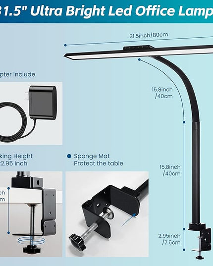 Desk Lamp, Stepless Dimming Desk Lamp with Clamp Flexible Gooseneck Desk Lamps for Home Office Eye Caring Desk Light Modern 24W Office Light for Sewing Studying Working Drawing - LeafyLoom