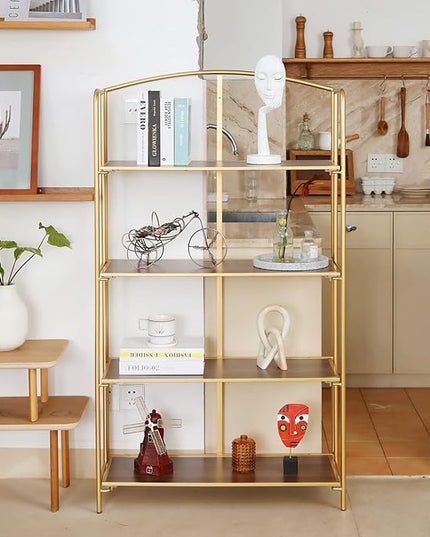 No Assembly Folding Bookshelf, 4 Tier Gold Bookshelf, Metal Book Shelf for Storage, Folding Bookcase for Office Organization and Storage, 12.87" D x 30.9" W x 55.71" H - LeafyLoom