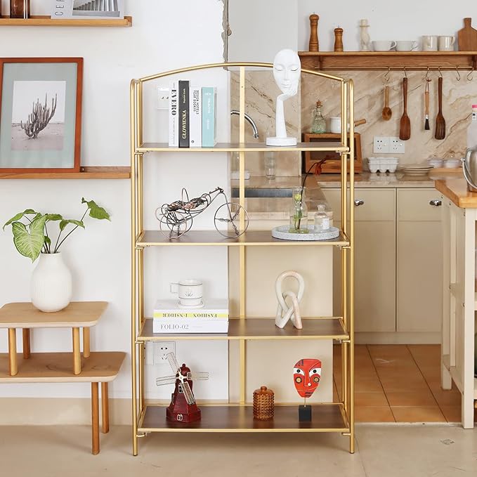 No Assembly Folding Bookshelf, 4 Tier Gold Bookshelf, Metal Book Shelf for Storage, Folding Bookcase for Office Organization and Storage, 12.87" D x 30.9" W x 55.71" H - LeafyLoom