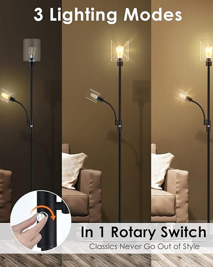 BoostArea Floor Lamp, 6W Black Modern Floor Lamp with 4W Adjustable Reading Lamp, 2700K Energy-Saving LED Bulbs Included, Industrial Bright Floor Lamp for Bedroom, Living Room and Office - LeafyLoom
