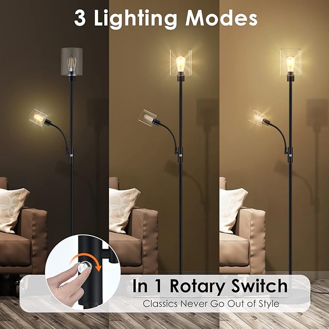 BoostArea Floor Lamp, 6W Black Modern Floor Lamp with 4W Adjustable Reading Lamp, 2700K Energy-Saving LED Bulbs Included, Industrial Bright Floor Lamp for Bedroom, Living Room and Office - LeafyLoom