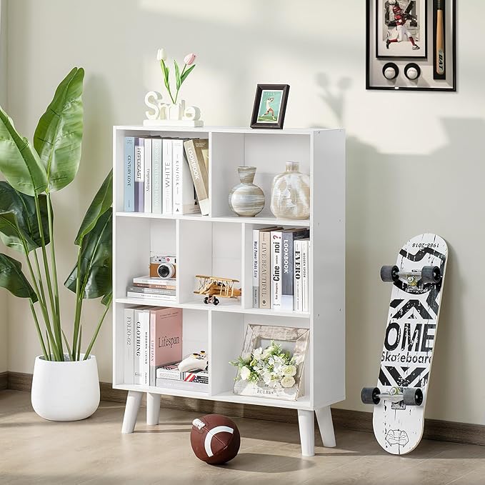 YAHARBO Pure White Bookshelf,3 Tier Book Shelf with Legs, 7 Cube Simple Bookcase,Storage Organizer Shelves Display Bookcases for Bedroom,Living Room - LeafyLoom