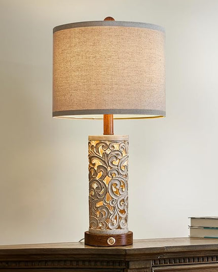 OYEARS 3-Way Dimmable 22'' USB A+C Touch Control Table Lamp with Nightlight for Living Room Bedroom Farmhouse Bedside Nightstand Lamps (Brown Bulb Included - LeafyLoom