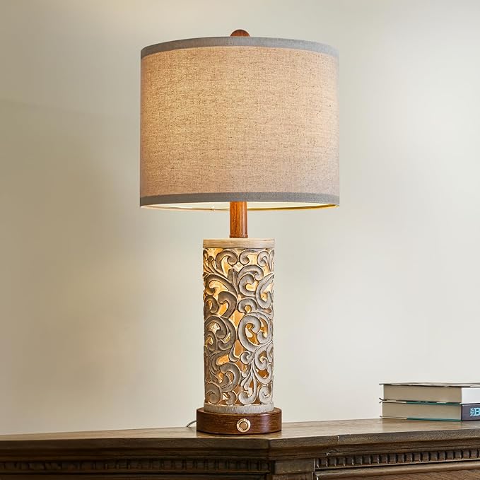 OYEARS 3-Way Dimmable 22'' USB A+C Touch Control Table Lamp with Nightlight for Living Room Bedroom Farmhouse Bedside Nightstand Lamps (Brown Bulb Included - LeafyLoom