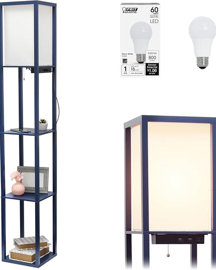 Simple Designs LF1037-NAV-LB Three Shelf Etagere Organizer Storage Floor Lamp with 2 Dual USB Ports and Charging Outlet, Navy Blue, with Feit LED Bulb Included - LeafyLoom
