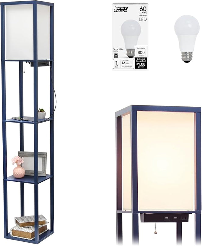 Simple Designs LF1037-NAV-LB Three Shelf Etagere Organizer Storage Floor Lamp with 2 Dual USB Ports and Charging Outlet, Navy Blue, with Feit LED Bulb Included - LeafyLoom
