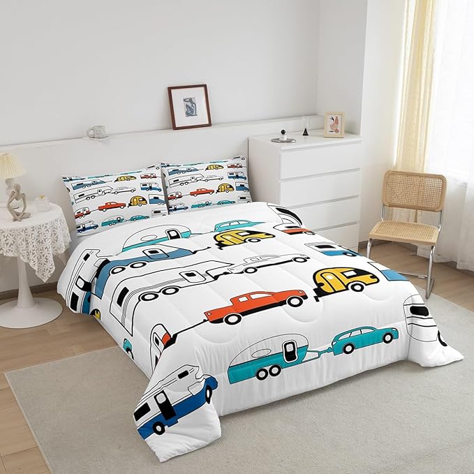 Camper Comforter Set Twin, Happy Camping Bedding Set For Kids Boys Girls Children, Camping Trailer Travel Car Pattern Bedding Comforters & Sets, Cartoon Car Down Comforter RV Accessories, Colorful - LeafyLoom