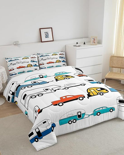 Camper Decor Bedding, Happy Camping Comforter Set Queen, Camping Down Comforter, Rustic Farmhouse Style Quilt Set For Kids Boys Girls, Colorful Camping Car Duvet Set, Soft Warm With 2 Pillow Cases - LeafyLoom