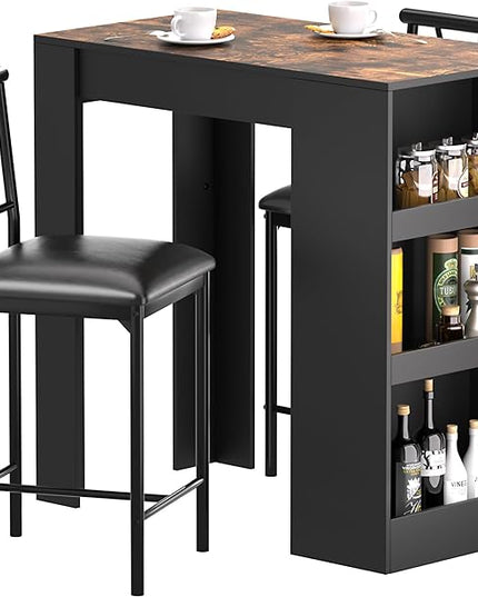 VECELO Small Bar Table and Chairs Tall Kitchen Breakfast Nook with Stools/Dining Set for 2, Storage Shelves, Space-Saving, Black - LeafyLoom