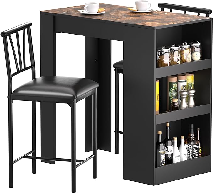 VECELO Small Bar Table and Chairs Tall Kitchen Breakfast Nook with Stools/Dining Set for 2, Storage Shelves, Space-Saving, Black - LeafyLoom