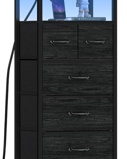 Furnulem Vertical Dresser with Charging Station and LED Lights, Black Chest of Drawers with Shelf and 5 Fabric Bins, Tall Nightstand for Entryway, Closet, Bedside Table, Wood Top, Bedroom Furniture - LeafyLoom
