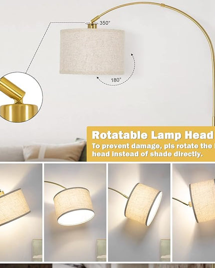 Gold Arc Floor Lamp, Dimmable Floor Lamp for Living Room, Mordern Standing Lamp with Adjustable Lamp Head, Tall Pole Lamp Over Couch Arched Light for Reading, Bedroom, Office, 9W LED Bulb Included - LeafyLoom
