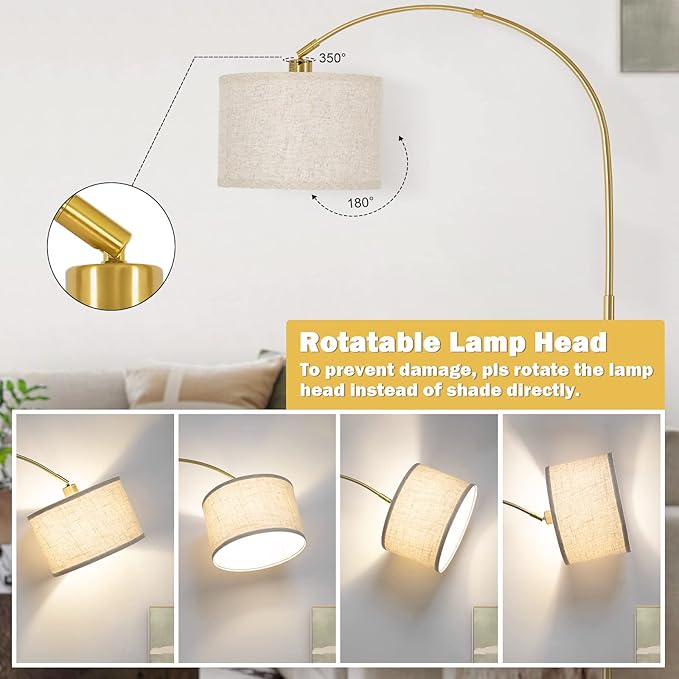 Gold Arc Floor Lamp, Dimmable Floor Lamp for Living Room, Mordern Standing Lamp with Adjustable Lamp Head, Tall Pole Lamp Over Couch Arched Light for Reading, Bedroom, Office, 9W LED Bulb Included - LeafyLoom