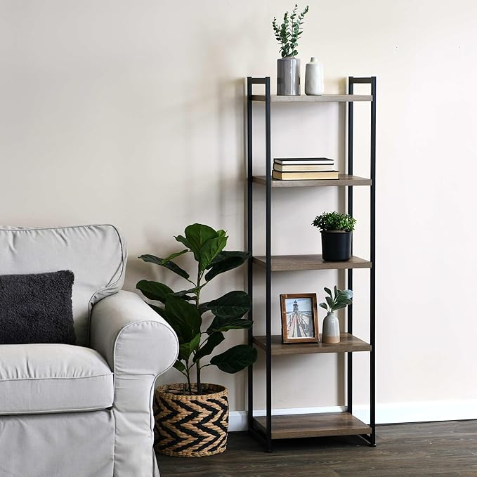 Household Essentials 5 Tier Storage Tower Metal, Grey Shelf – Black Frame, Ashwood - LeafyLoom