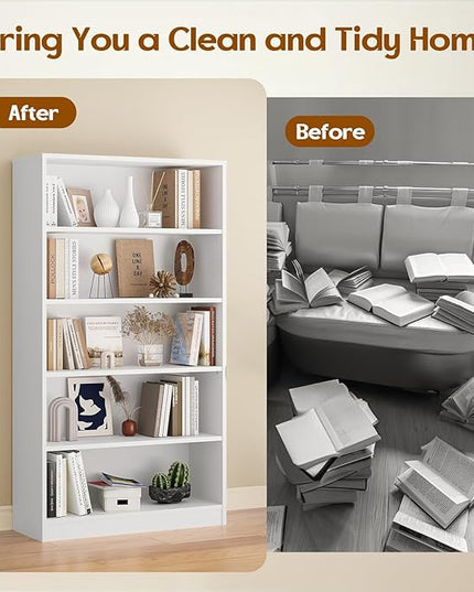 Soohow White Bookcase,Bookshelf for Bedroom,60 inches Tall Wood Book case Book Shelves,5 Shelf Book Shelves for Living Room Office - LeafyLoom