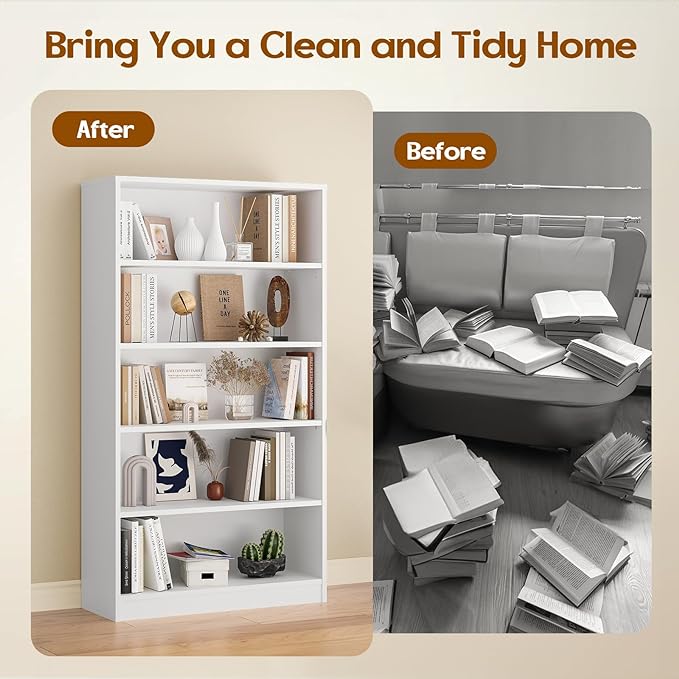 Soohow White Bookcase,Bookshelf for Bedroom,60 inches Tall Wood Book case Book Shelves,5 Shelf Book Shelves for Living Room Office - LeafyLoom