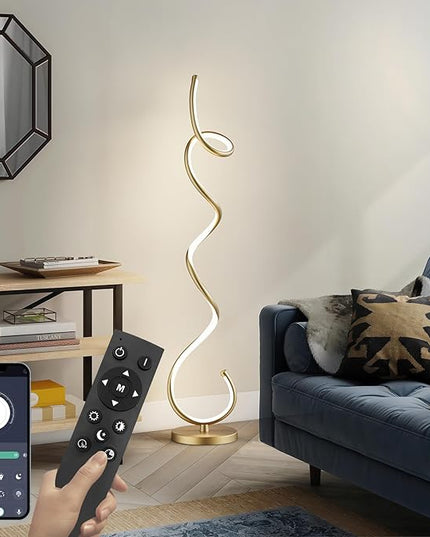 Modern Floor Lamps for Living Room, LED 53" Tall 30W Gold Spiral Corner Floor Lamp with Remote, 3 Color Temperature, Stepless Dimmable, Bright Standing Lamp for Bedroom Home Office Deco - LeafyLoom
