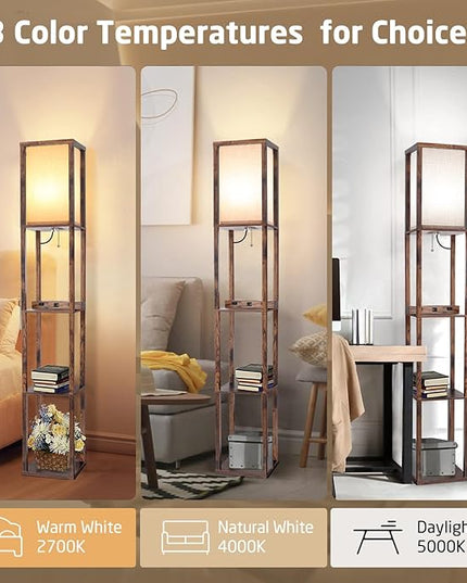 Floor Lamp with Wireless Charger, Modern Shelves Floor Lamp with USB A+C Ports & 2 AC Outlets,3 Color Temperature Corner Floor Lamps for Living Room Bedroom Office (Brown) - LeafyLoom