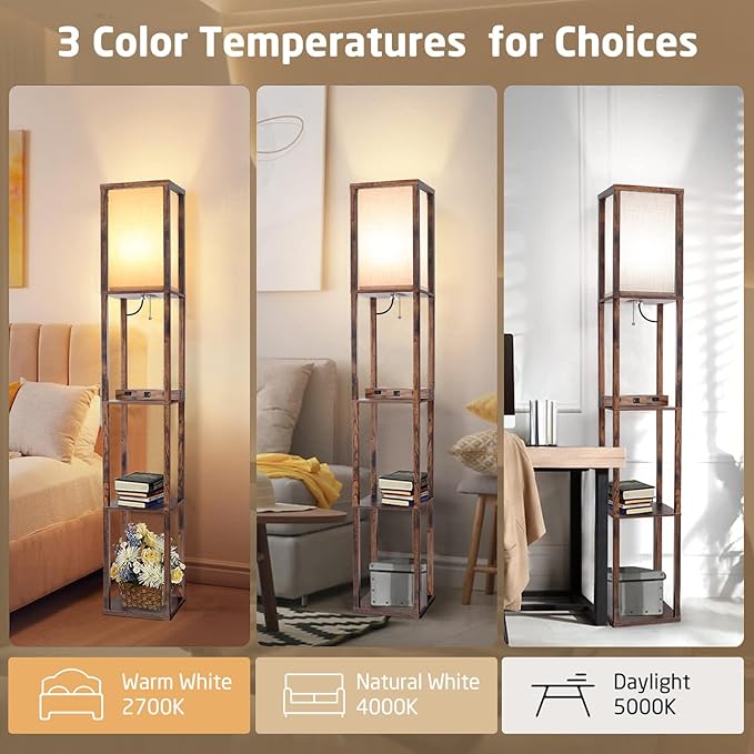 Floor Lamp with Wireless Charger, Modern Shelves Floor Lamp with USB A+C Ports & 2 AC Outlets,3 Color Temperature Corner Floor Lamps for Living Room Bedroom Office (Brown) - LeafyLoom