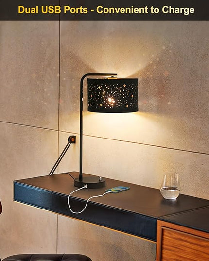Bedside Table Lamp, Fully Dimmable Table Lamp with 2 USB Ports, Modern Nightstand Lamps with Stars Shade, USB Side Table Lamp, Tall Desk Reading Lamps for Living Room Bedroom 3000k LED Bulb Included - LeafyLoom