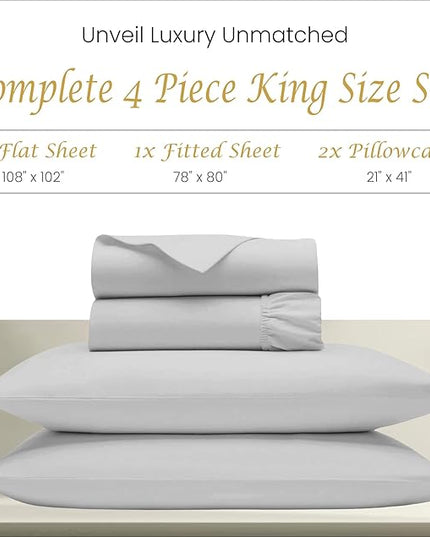 1000 Thread Count Egyptian Cotton Sheets - Luxury Sheets King Size Egyptian Cotton Sheets, 4Pc Sateen Weave King Sheets, Hotel Sheets & Pillowcase Set, 18" Deep Pocket King Sheet Set - Light Grey - LeafyLoom