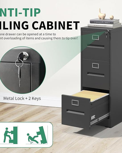3 Drawer File Cabinet,Metal Filing Cabinets with Lock,Black Vertical File Cabinet for Home Office,Heavy Duty Metal Storage Cabinet for A4/Letter/Legal Size File,Assembly Required - LeafyLoom