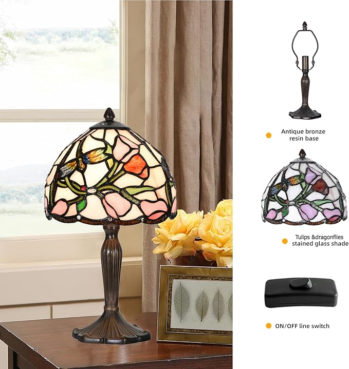 Tiffany Lamp Tulip Design Stained Glass Table Lamp for Living Room Bedroom Bedside Nightstand Home Office (Tulip) - LeafyLoom