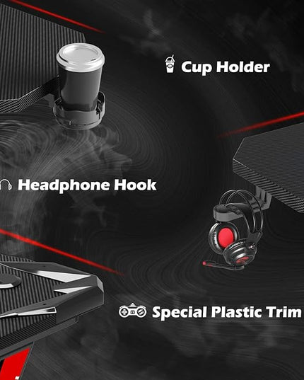 PC Gaming Desk 44 Inch Z Shaped Carbon Fiber Surface Desktop Computer Table with Cup Holder & Headphone Hook, Black - LeafyLoom