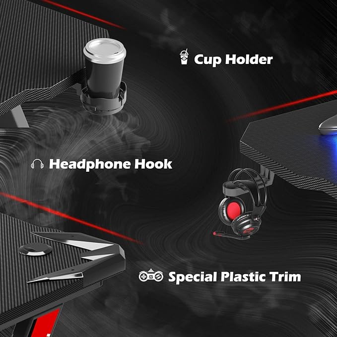 PC Gaming Desk 44 Inch Z Shaped Carbon Fiber Surface Desktop Computer Table with Cup Holder & Headphone Hook, Black - LeafyLoom