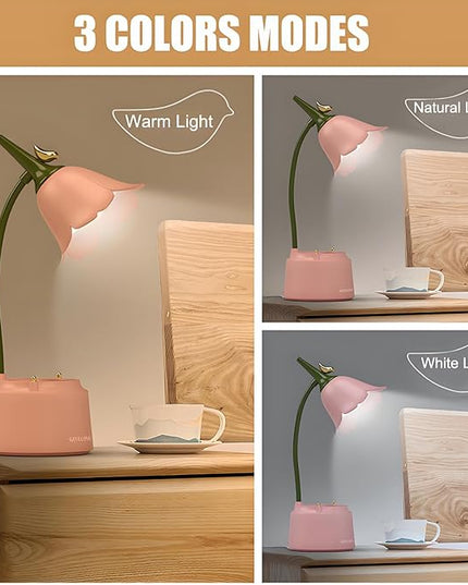 Cute LED Desk Lamp Kawaii Desk Accessories, Flower Bird Table lamp USB Rechargeable, 3 Color Modes, Stepless Dimming, Touch-Sensitive Switch Kawaii Room Decor Lamp, Eye Caring Reading Lamp (Yellow) - LeafyLoom