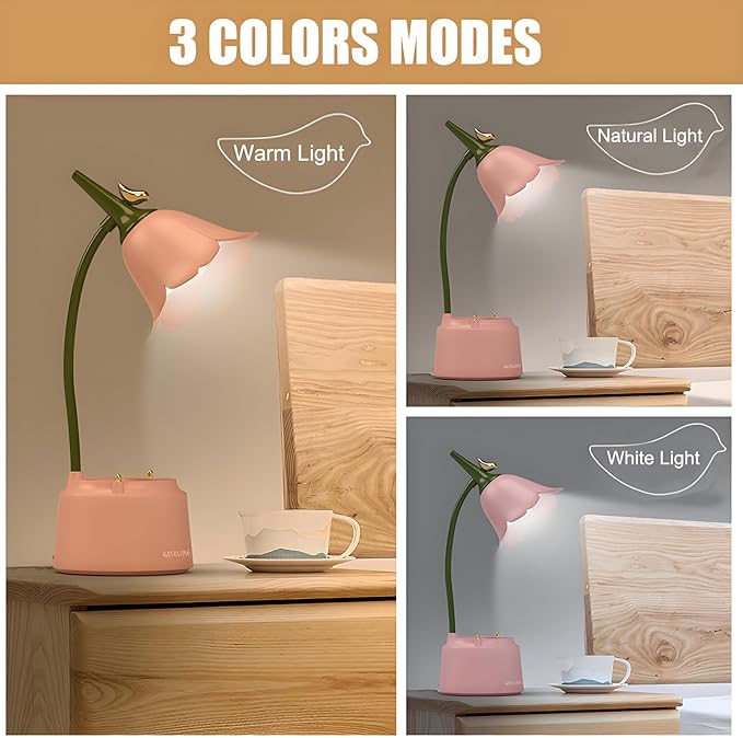 Cute LED Desk Lamp Kawaii Desk Accessories, Flower Bird Table lamp USB Rechargeable, 3 Color Modes, Stepless Dimming, Touch-Sensitive Switch Kawaii Room Decor Lamp, Eye Caring Reading Lamp (Yellow) - LeafyLoom