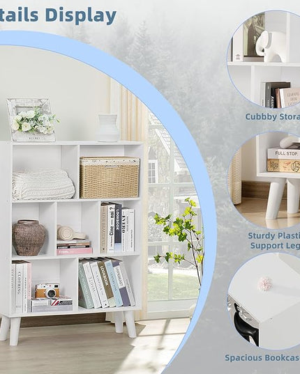 YAHARBO Pure White Bookshelf,3 Tier Book Shelf with Legs, 7 Cube Simple Bookcase,Storage Organizer Shelves Display Bookcases for Bedroom,Living Room - LeafyLoom