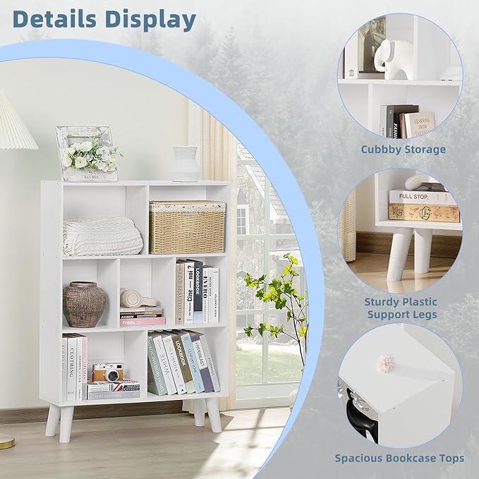 YAHARBO Pure White Bookshelf,3 Tier Book Shelf with Legs, 7 Cube Simple Bookcase,Storage Organizer Shelves Display Bookcases for Bedroom,Living Room - LeafyLoom