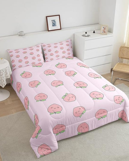 Cartoon Comforter Set Twin Size Pink Peach Bedding Set Kid Kawaii Down Comforter Girl Lovely Peach Duvet Set Cute Fruits Comforter Tropical Plant Bedding Reversible Soft Lightweight Room Decor - LeafyLoom