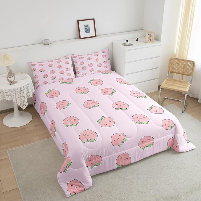 Erosebridal Peach Comforter Set Queen for Girls Women Kids Cute Cartoon Red Fruit Printed Reversible Bedding Set Kawaii Decor Soft Warm Quilt Duvet Set Pink Nature Plant Comforter - LeafyLoom