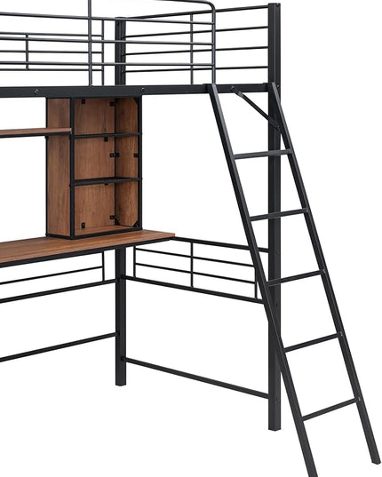 RITSU Twin Size Loft Bed with Desk and Storage Shelves, Metal BedFrame,w/Ladder & Fenced Around Guardrails, Easy Assembly, for Adults, Kids, Teens, Black - LeafyLoom