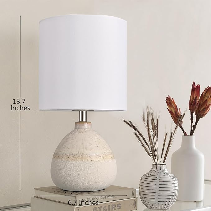 Set of 2 Ceramic Table Lamp for Bedroom, Small Table Lamp White Farmhouse Rustic Lamp Set Bedside Table Lamps for Nightstand Side Table Lamps for Living Room, 13.7IN - LeafyLoom