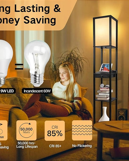 OUTON Dimmable Floor Lamp with Shelves, 1 Drawer, 2 USB-C Ports, 2 AC Outlets, LED Modern Floor Lamp with 3 Color Temperature, Storage Display Wood Standing Lamp for Living Room, Bedroom (Matte Black) - LeafyLoom