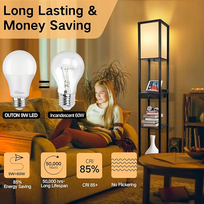 OUTON Dimmable Floor Lamp with Shelves, 1 Drawer, 2 USB-C Ports, 2 AC Outlets, LED Modern Floor Lamp with 3 Color Temperature, Storage Display Wood Standing Lamp for Living Room, Bedroom (Matte Black) - LeafyLoom